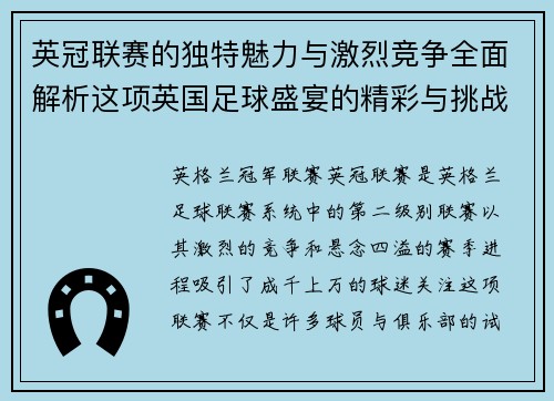 英冠联赛的独特魅力与激烈竞争全面解析这项英国足球盛宴的精彩与挑战